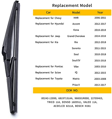OTUAYAUTO Rear Windshield Wiper Blades - 2 Pieces of 11" Car Back Window Wiper - Replacement for Chevy HHR, Hyundai Accent, Jeep Grand Cherokee, Kia Rio Sorento Soul, Toyota Matrix Prius V, Scion IQ
