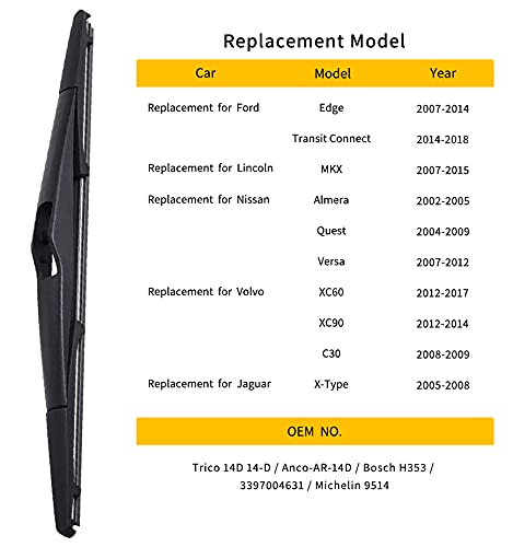 OTUAYAUTO Rear Windshield Wiper Blades - 2 Pieces of 14" Car Back Window Wiper - for Ford Edge, Lincoln MKX, Jaguar X-Type, Volvo XC60