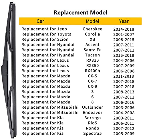 OTUAYAUTO Rear Windshield Wiper Blades - 2 Pieces of 14" Car Back Window Wiper - Replacement for Toyota Corolla, Jeep Cherokee, Scion XB, Mazda 3, Hyundai Accent Tucson Santa Fe, Kia Rio