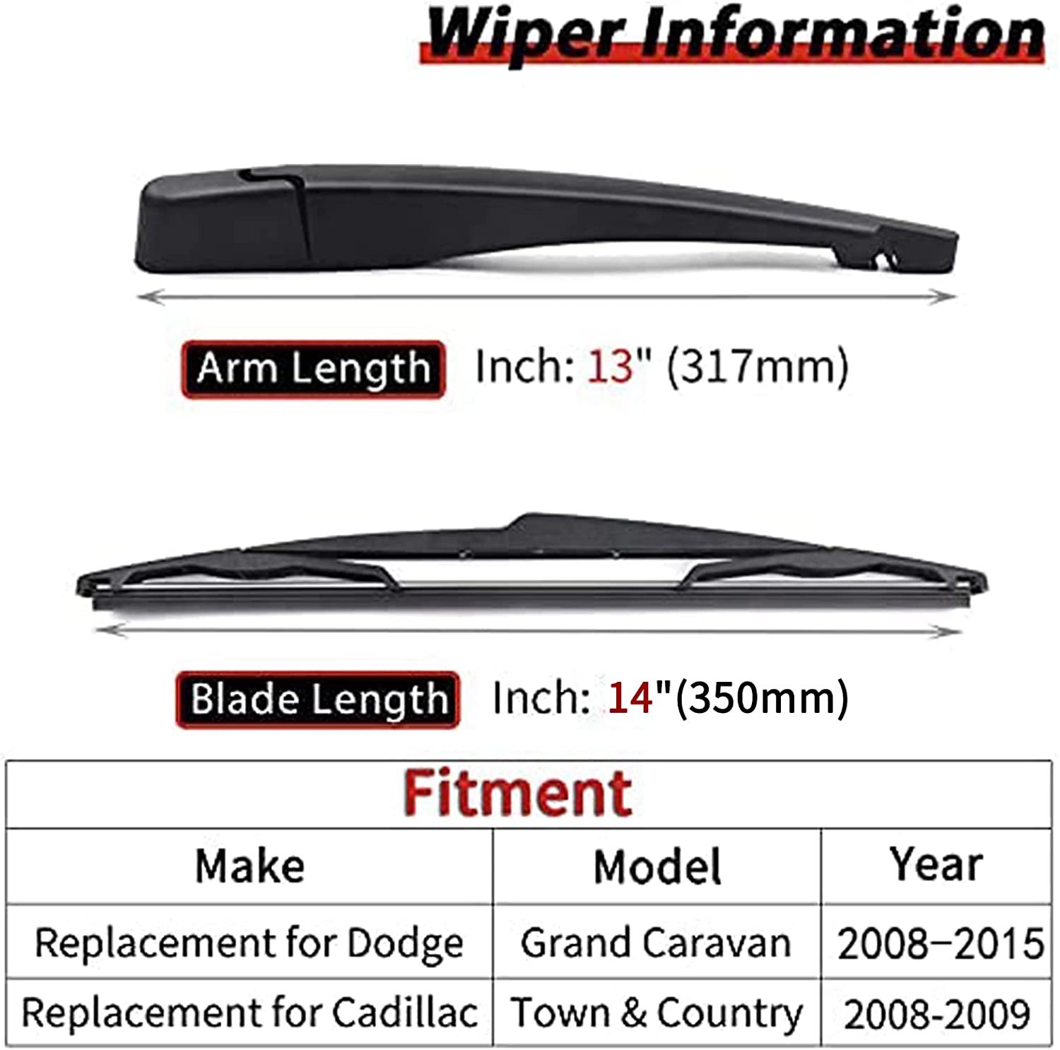 OTUAYAUTO Rear Windshield Wiper Arm Blade Set For 2011-2016 Dodge Grand Caravan/Chrysler Town & Country