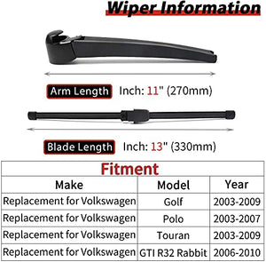 Replacement for VW RABBIT GOLF 5 HATCHBACK 2003-2009 Rear Windshield Back Wiper Arm Blade with Cover Cap