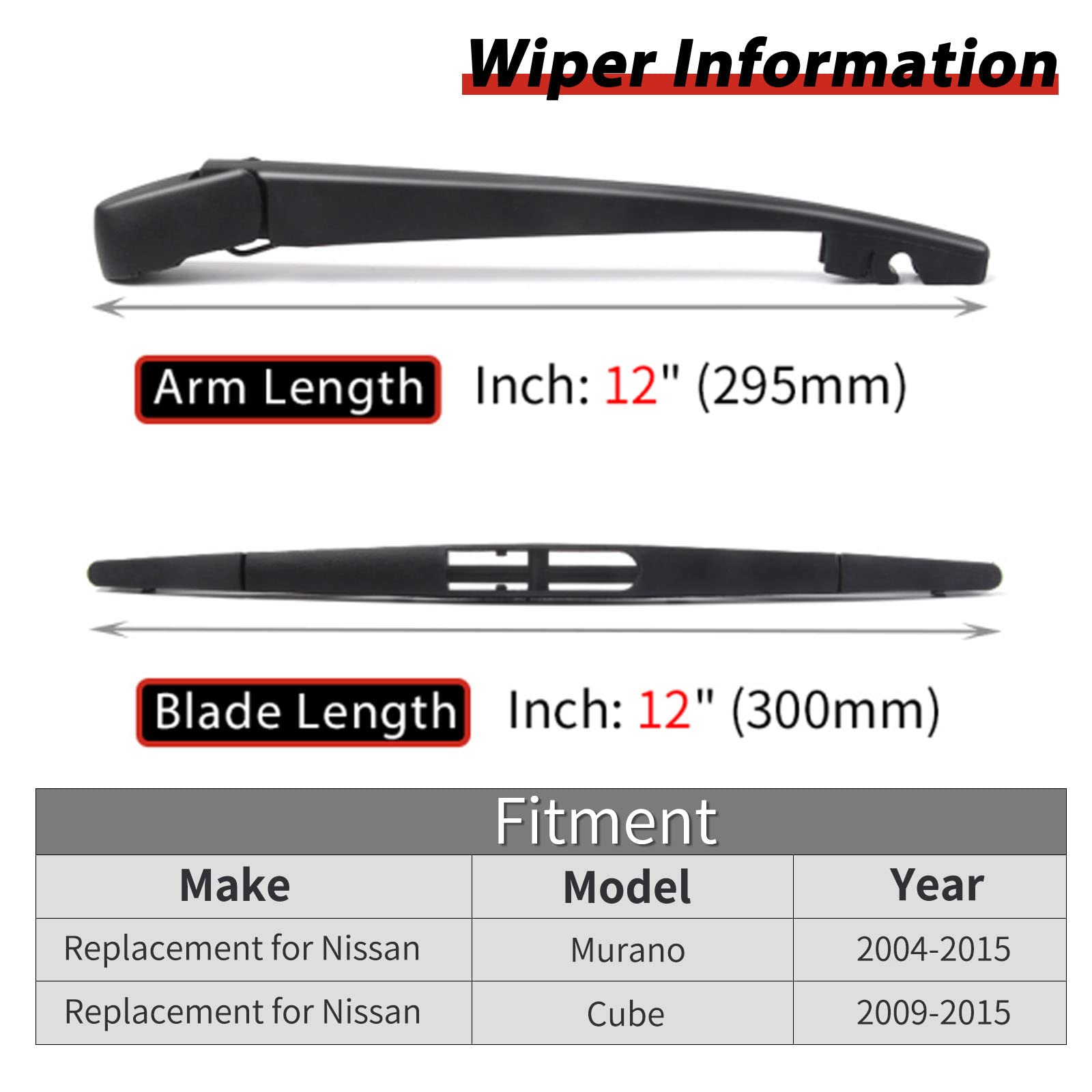 Rear Wiper Arm with Blade Set - Replacement for Nissan Murano Cube 2004-2015 OE:287811FC0A