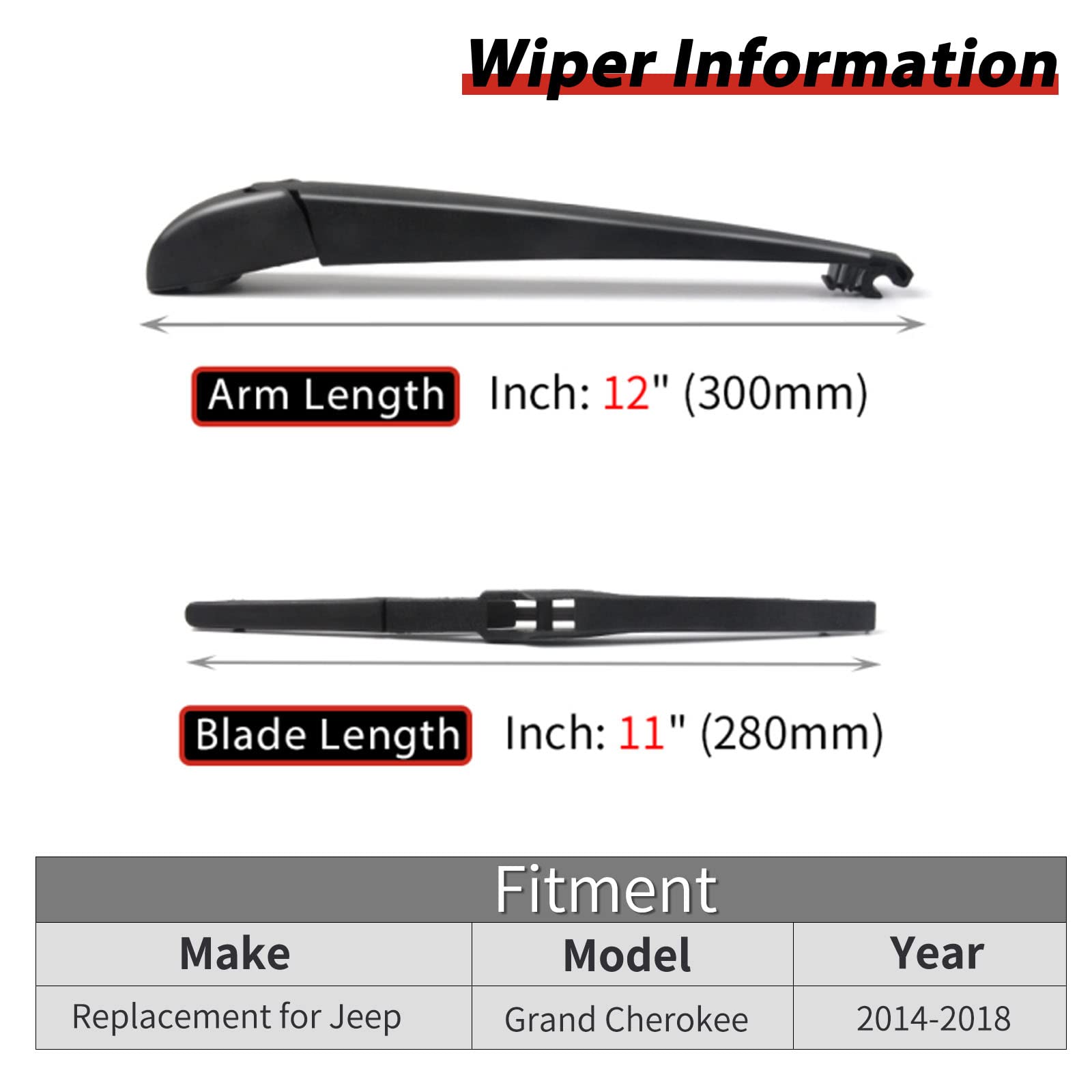 Rear Windshield Back Wiper Arm Blade Set for JEEP Grand Cherokee 2014 2015 2016 2017 2018 OE:68197131AA