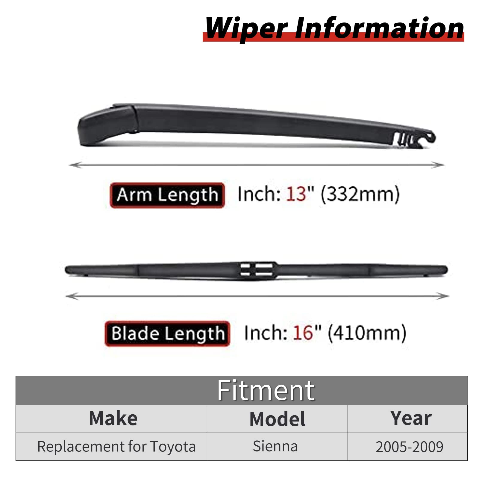 Rear Wiper Arm Blade Set, Replacement for 2005-2009 Toyota Sienna, Replace # 85241-AE010