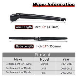 OTUAYAUTO Rear Wiper Arm Blade Set - Replacement for 2004-2010 Toyota Sienna, 2007-2015 Mazda CX7 CX9 - Replacement OEM 85241AE010