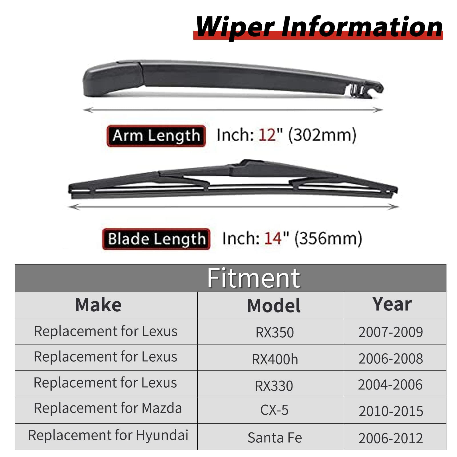 Replacement for 2004-2009 Lexus RX350 RX330 RX400h, Rear Windshield Back Wiper Arm blade Set - OTUAYAUTO Factory OEM Replacement 8524148050