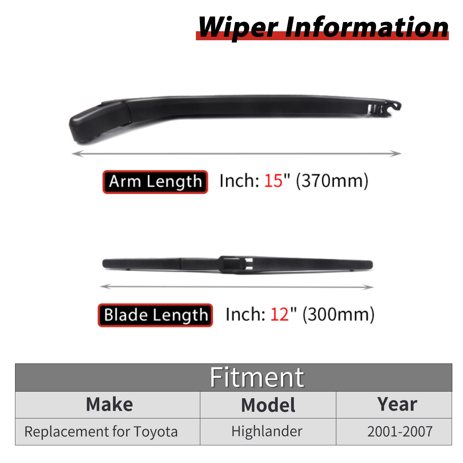 Replacement for TOYOTA Highlander 2001-2007 Rear Windshield Back Wiper Arm Blade Set OE:85241-48080