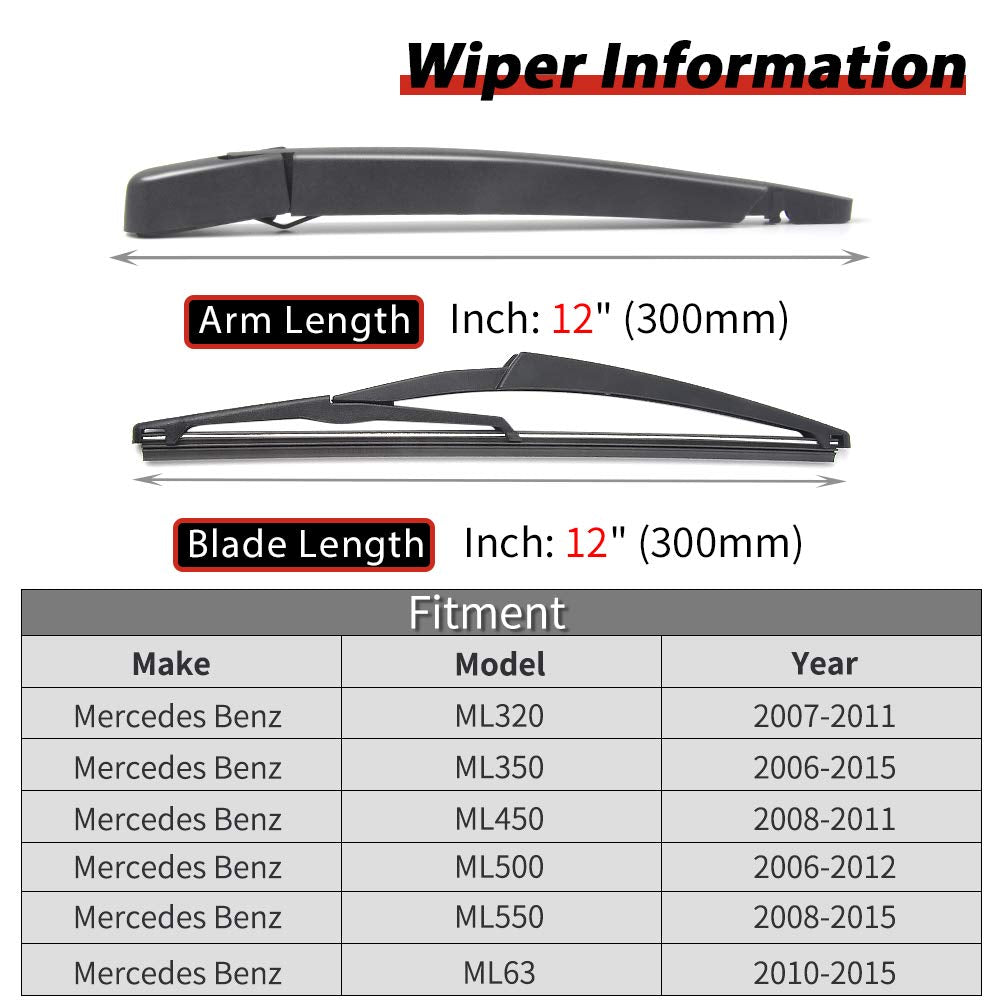 Replacement for Mercedes Benz ML Class ML350 W164 W166 Rear Wiper Arm Blade and Cap OEM