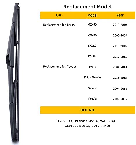 OTUAYAUTO Rear Windshield Wiper Blades - 2 Pieces of 16" Car Back Window Wiper - Replacement for Lexus GX460, GX470, RX350, RX450h | Toyota Prius, Sienna