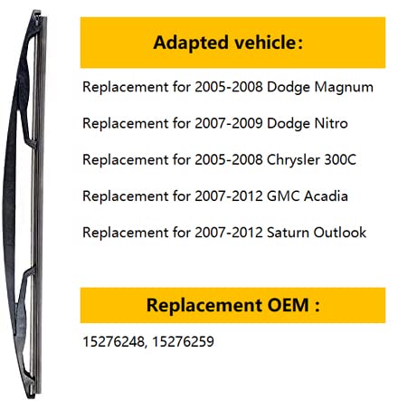 Rear Wiper Blade Replacement for 2007-2009 Dodge Nitro, 2005-2008 Chrysler 300C, 2007-2012 GMC Acadia/Saturn Outlook, 10.8" Rear Windshield Wiper, Back Wiper Blade - OTUAYAUTO Factory OEM Replacement